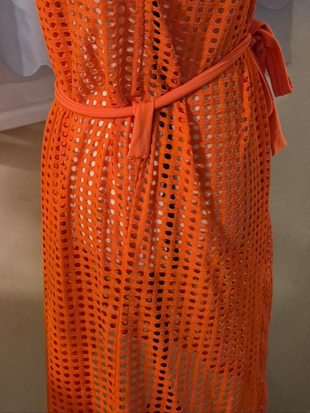 WOXUAN Neon Orange Open Front Eyelet Mesh Hooded Beach Coverup/Duster & Belt - Picture 7 of 10